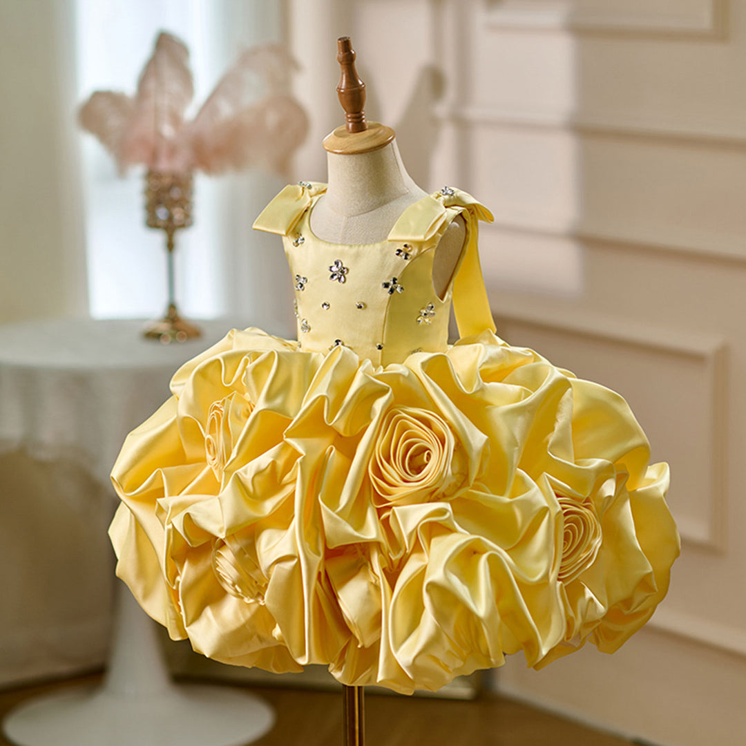 Satin Toddler Flower Girl Dress Princess Style 1st Birthday Party Gown D151