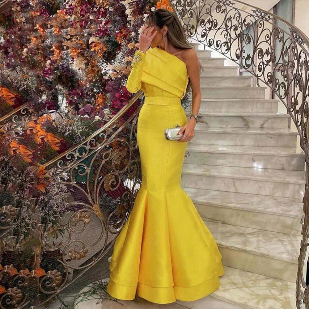 Yellow One Shoulder Mermaid Evening Dress with Cape SF014, Yellow / 8