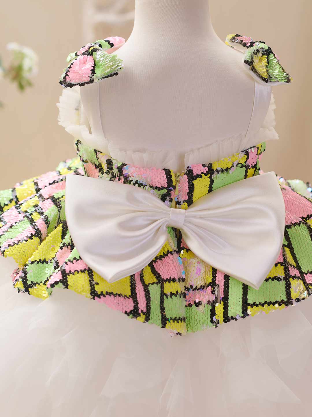 Colorful Sequin Bow White Tulle Girls Party Dress J522