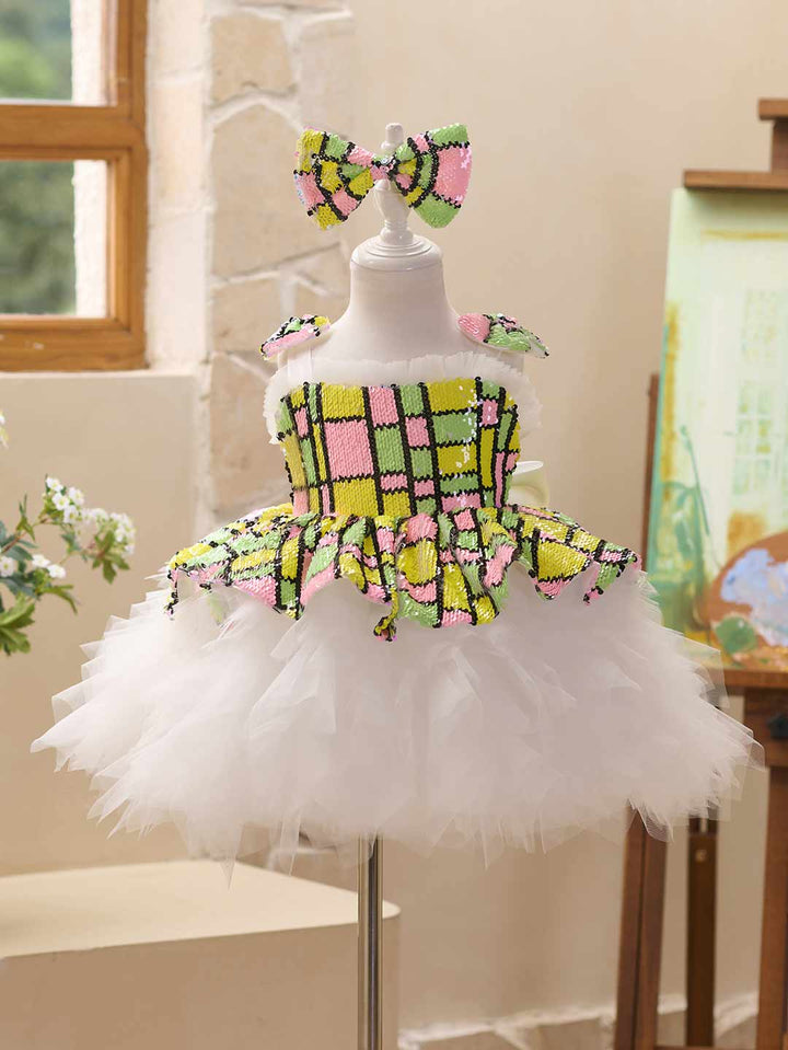 Colorful Sequin Bow White Tulle Girls Party Dress J522