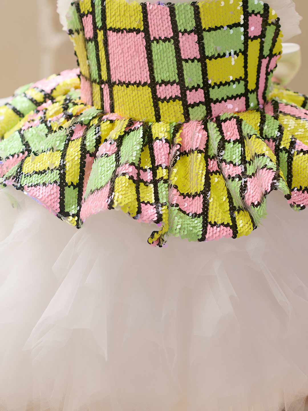 Colorful Sequin Bow White Tulle Girls Party Dress J522