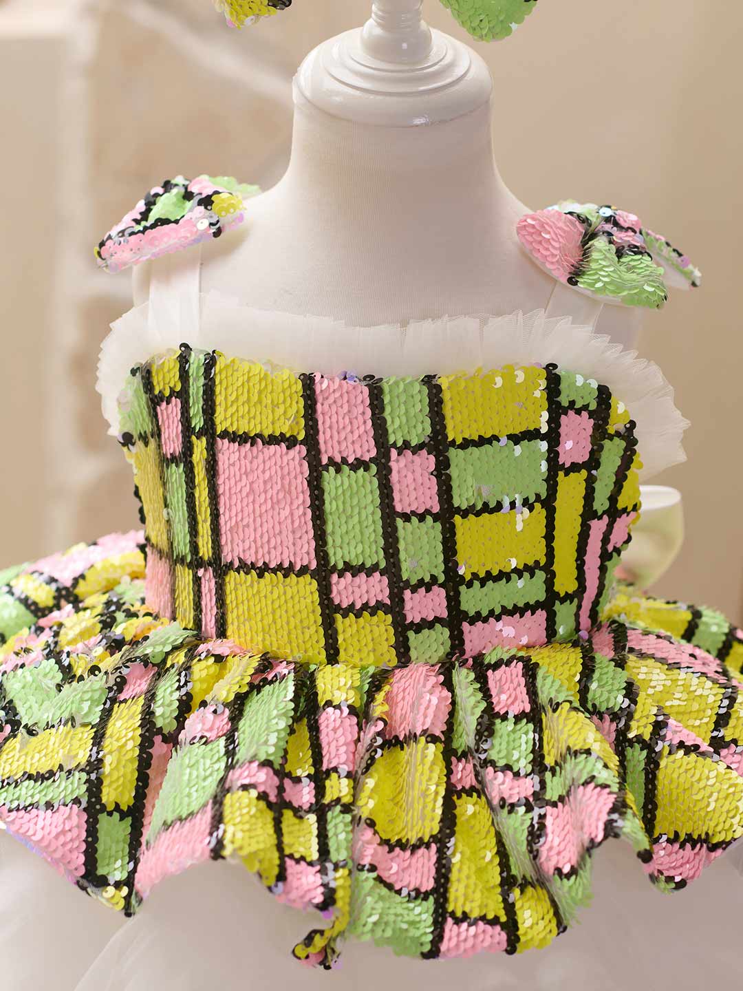 Colorful Sequin Bow White Tulle Girls Party Dress J522