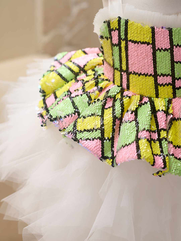 Colorful Sequin Bow White Tulle Girls Party Dress J522