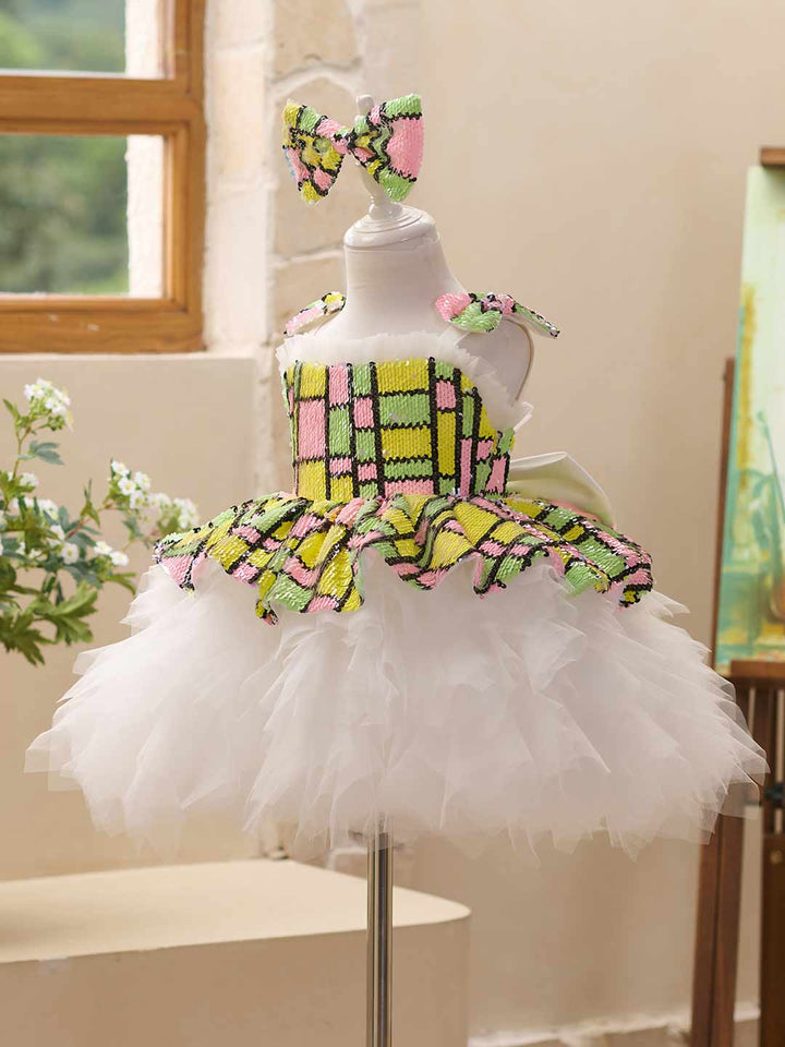 Colorful Sequin Bow White Tulle Girls Party Dress J522