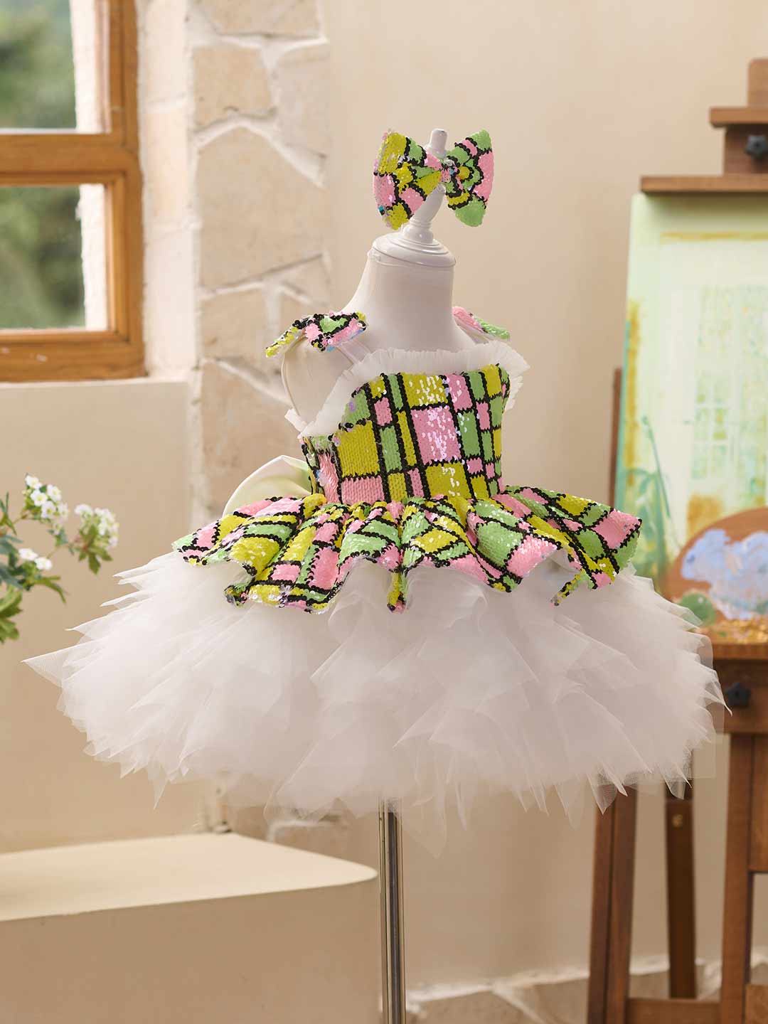 Colorful Sequin Bow White Tulle Girls Party Dress J522
