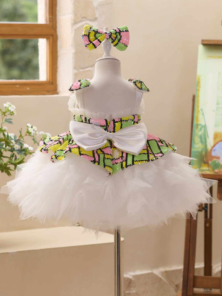 Colorful Sequin Bow White Tulle Girls Party Dress J522