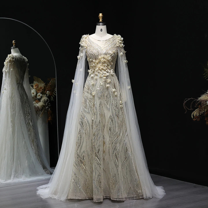 Elegant 3D Floral Beaded Evening Dress with Scarf SS060