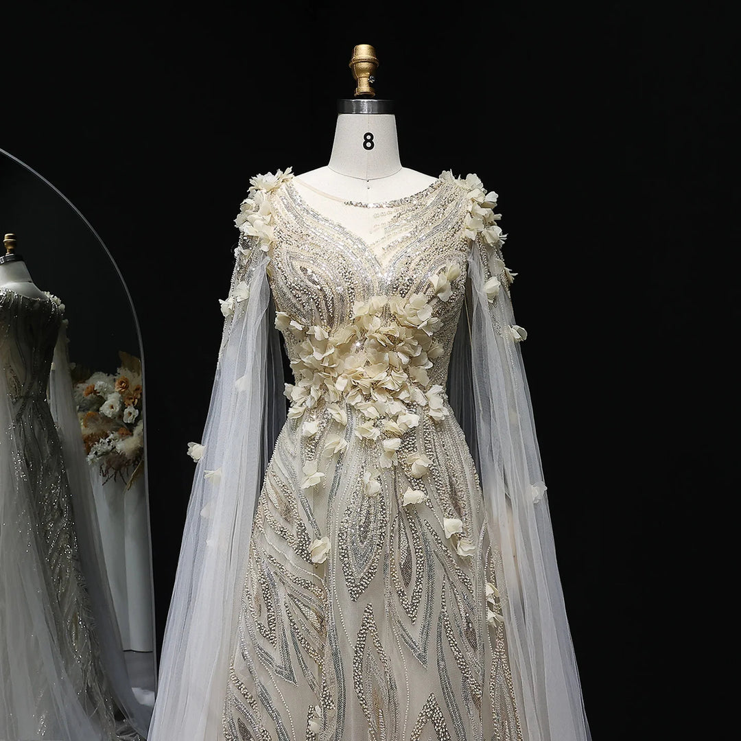 Elegant 3D Floral Beaded Evening Dress with Scarf SS060