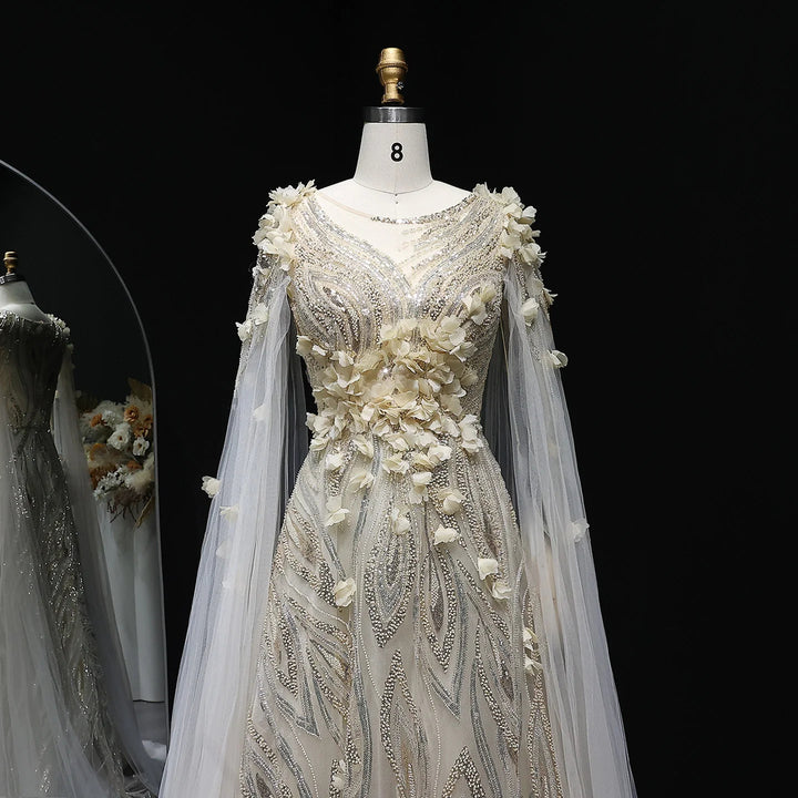 Elegant 3D Floral Beaded Evening Dress with Scarf SS060