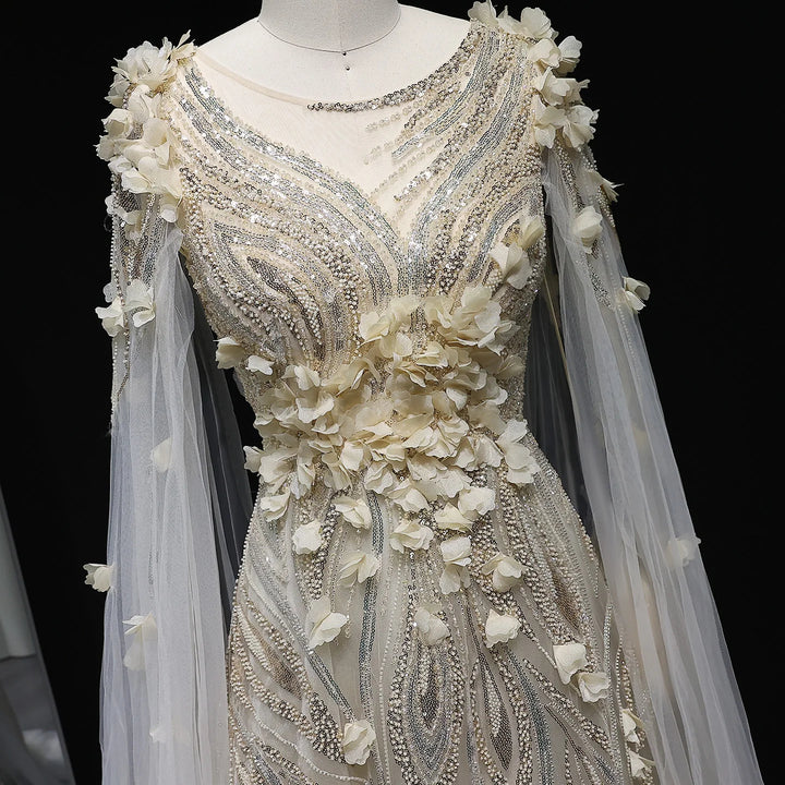 Elegant 3D Floral Beaded Evening Dress with Scarf SS060