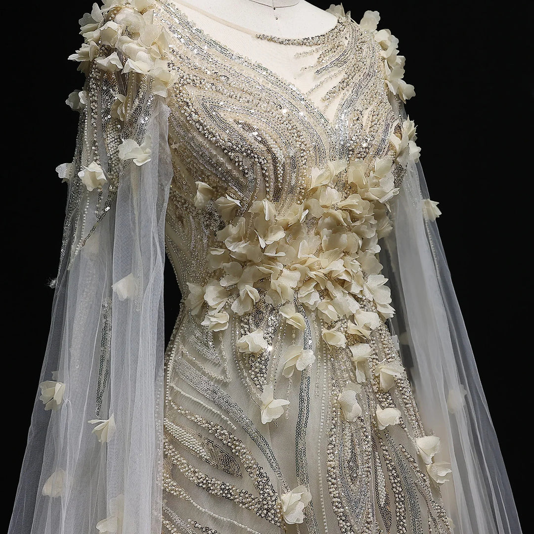 Elegant 3D Floral Beaded Evening Dress with Scarf SS060