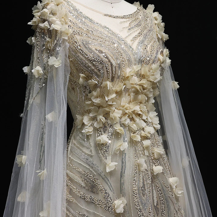 Elegant 3D Floral Beaded Evening Dress with Scarf SS060