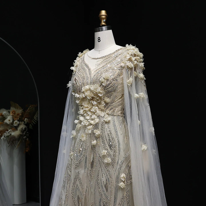 Elegant 3D Floral Beaded Evening Dress with Scarf SS060