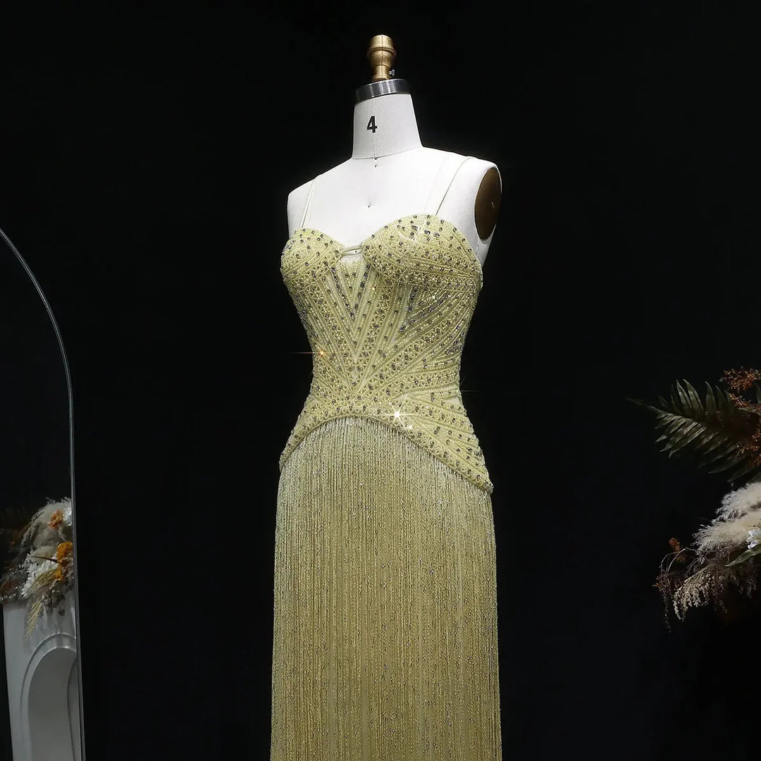 Luxury Yellow Beaded Fringe Evening Dress with Spaghetti Straps SS522