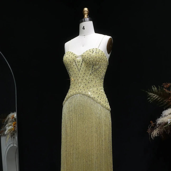 Luxury Yellow Beaded Fringe Evening Dress with Spaghetti Straps SS522