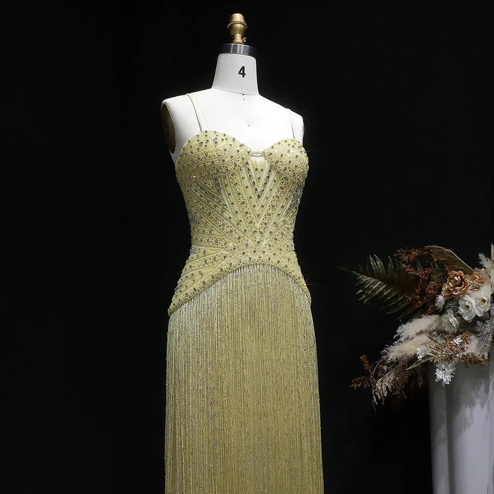 Luxury Yellow Beaded Fringe Evening Dress with Spaghetti Straps SS522