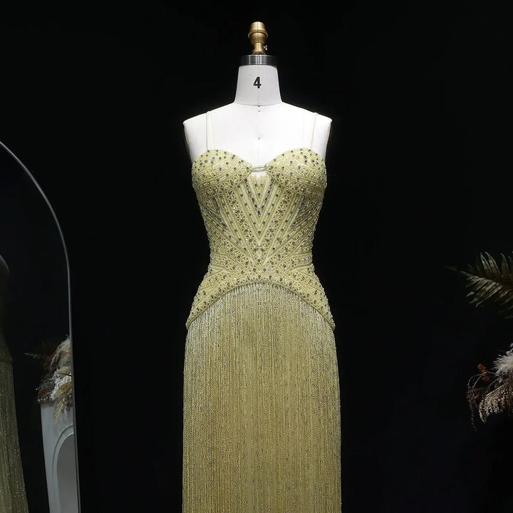 Luxury Yellow Beaded Fringe Evening Dress with Spaghetti Straps SS522