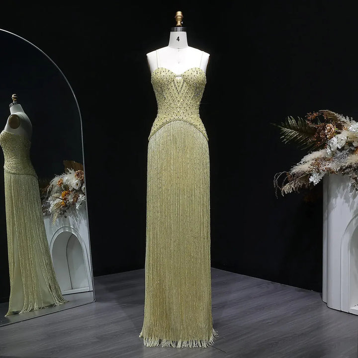 Luxury Yellow Beaded Fringe Evening Dress with Spaghetti Straps SS522