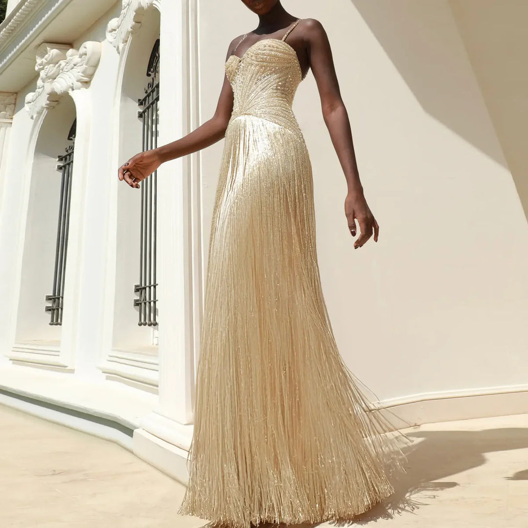Luxury Yellow Beaded Fringe Evening Dress with Spaghetti Straps SS522