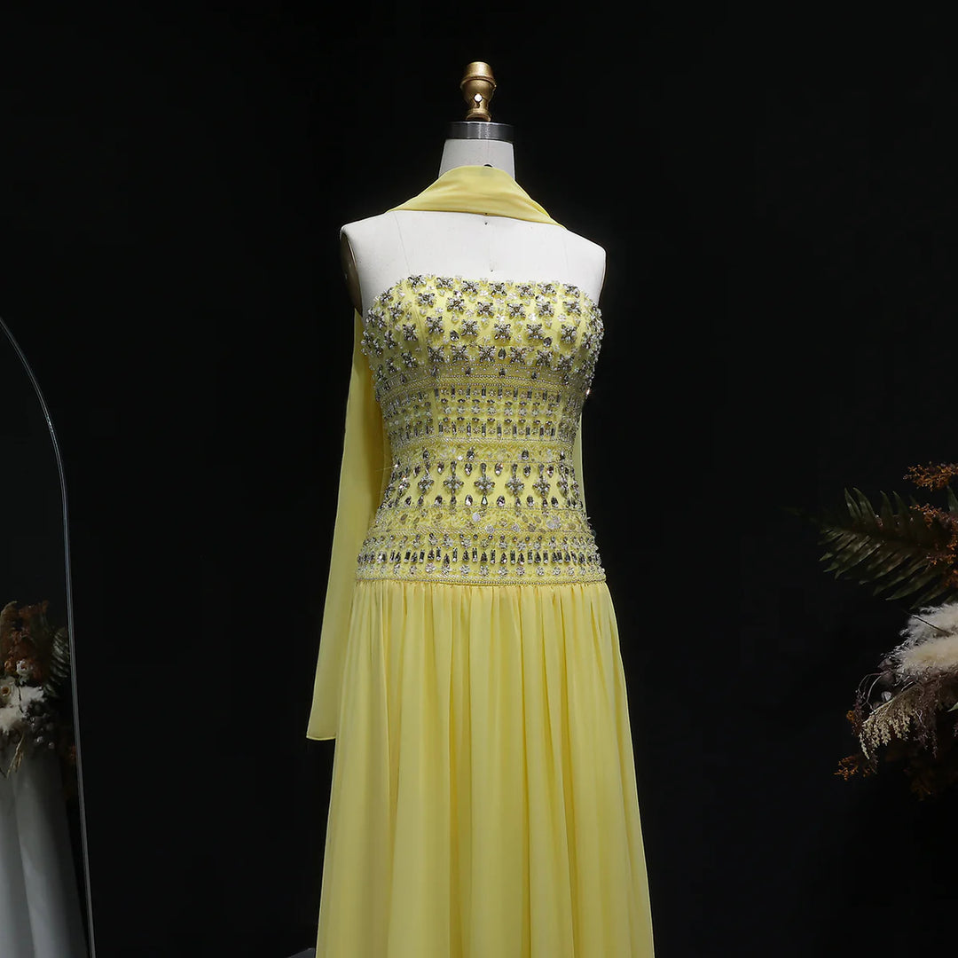 Strapless Lilac Beaded Bodice Evening Dress with Flowing Skirt SS539