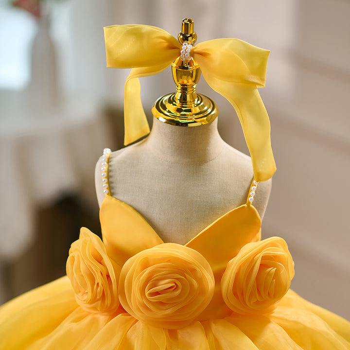 Yellow Toddler Party Dress with Strappy Design Flower Girl Dess J429