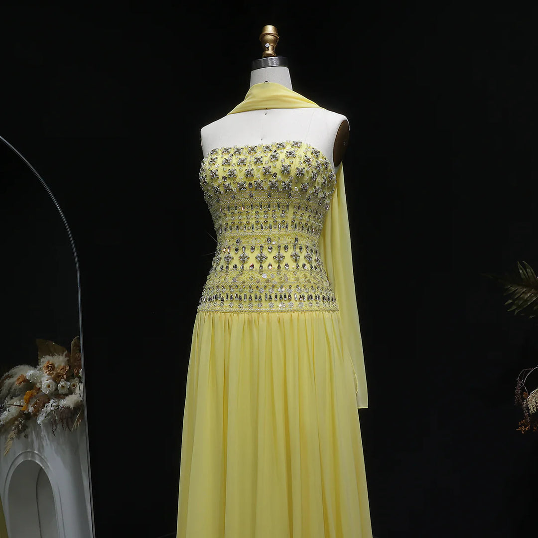 Strapless Lilac Beaded Bodice Evening Dress with Flowing Skirt SS539