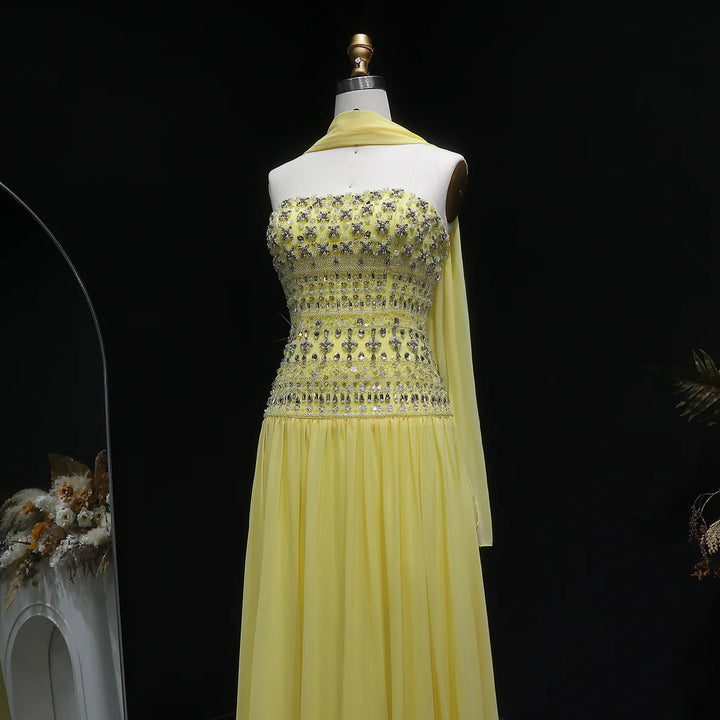 Strapless Lilac Beaded Bodice Evening Dress with Flowing Skirt SS539