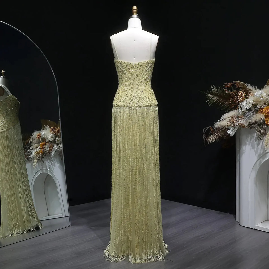 Luxury Yellow Beaded Fringe Evening Dress with Spaghetti Straps SS522