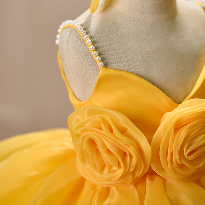 Yellow Toddler Party Dress with Strappy Design Flower Girl Dess J429
