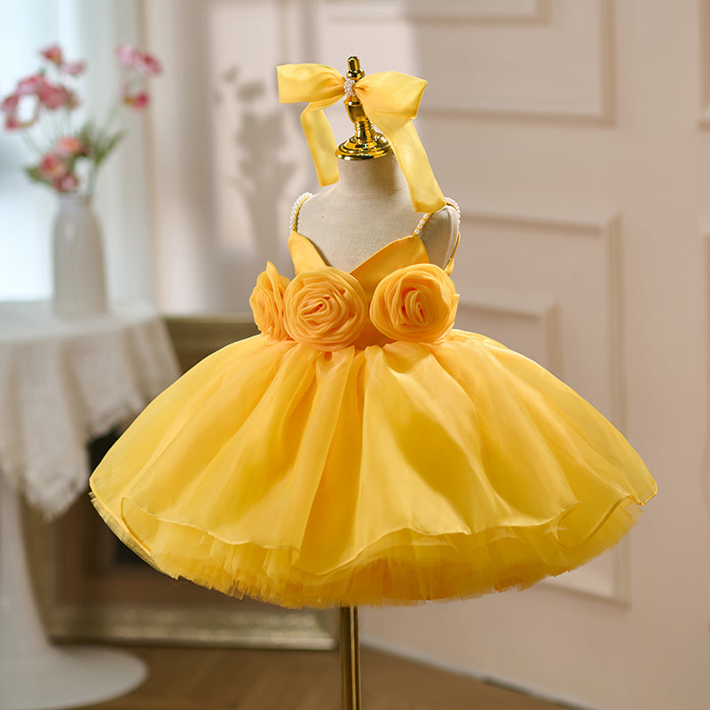 Yellow Toddler Party Dress with Strappy Design Flower Girl Dess J429