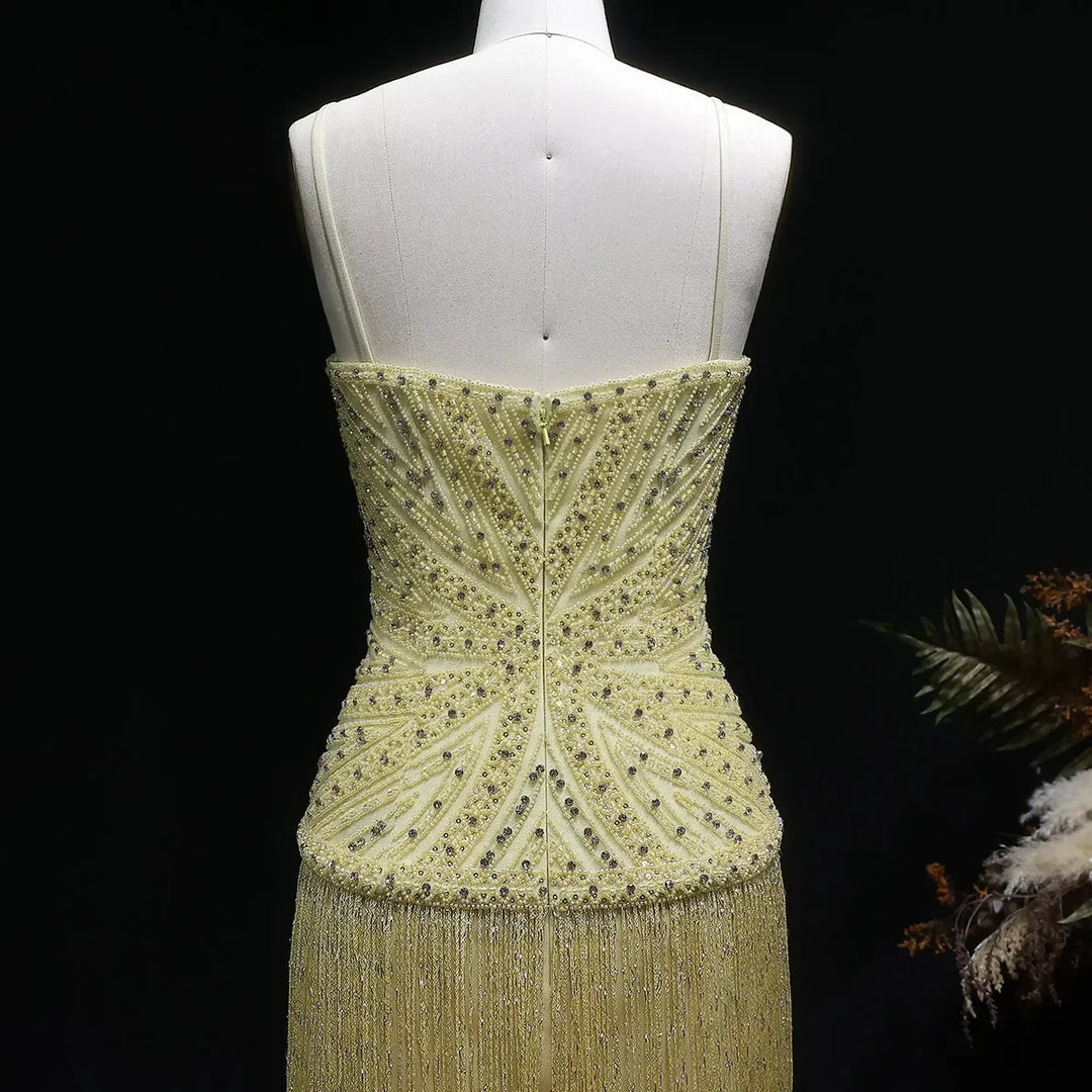 Luxury Yellow Beaded Fringe Evening Dress with Spaghetti Straps SS522