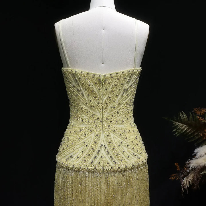 Luxury Yellow Beaded Fringe Evening Dress with Spaghetti Straps SS522