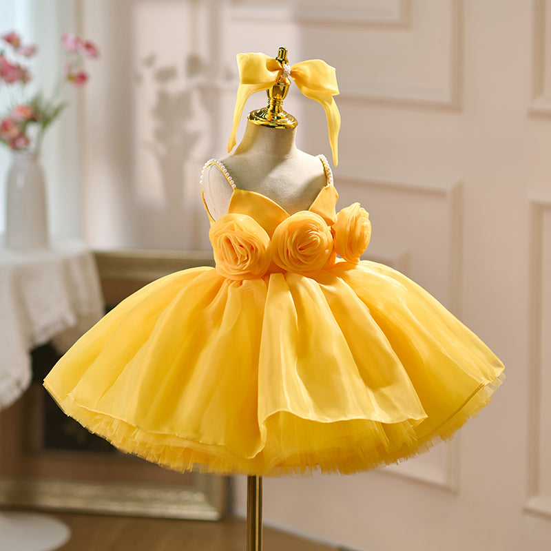 Yellow Toddler Party Dress with Strappy Design Flower Girl Dess J429