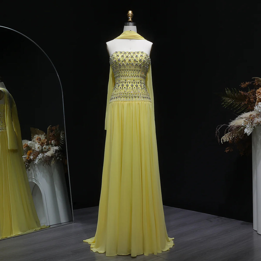 Strapless Lilac Beaded Bodice Evening Dress with Flowing Skirt SS539