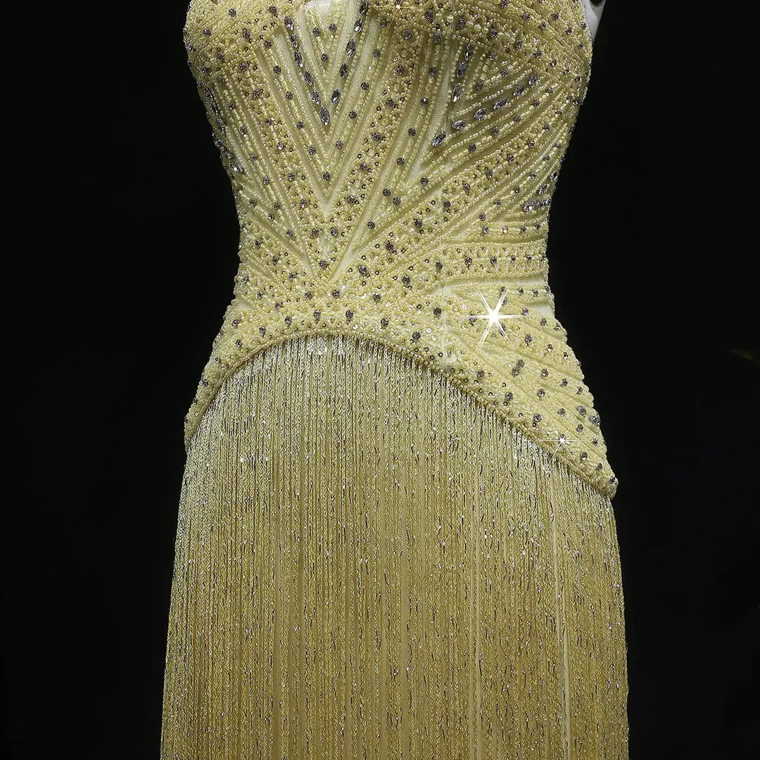 Luxury Yellow Beaded Fringe Evening Dress with Spaghetti Straps SS522