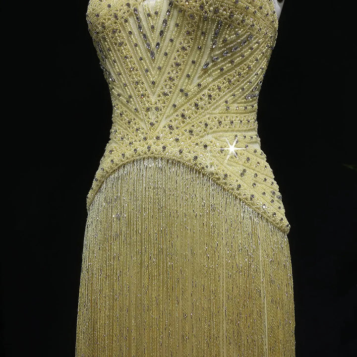Luxury Yellow Beaded Fringe Evening Dress with Spaghetti Straps SS522
