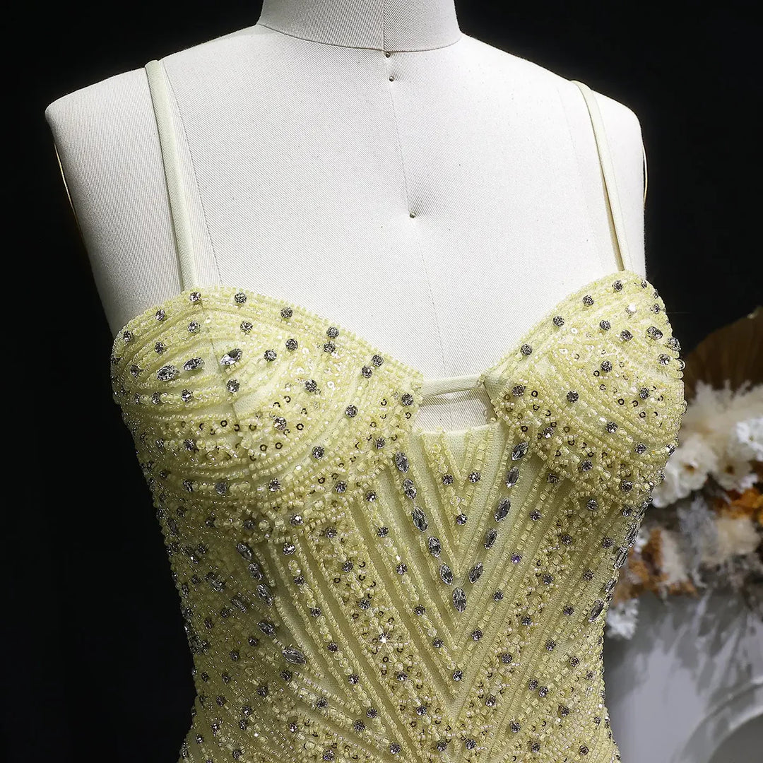 Luxury Yellow Beaded Fringe Evening Dress with Spaghetti Straps SS522