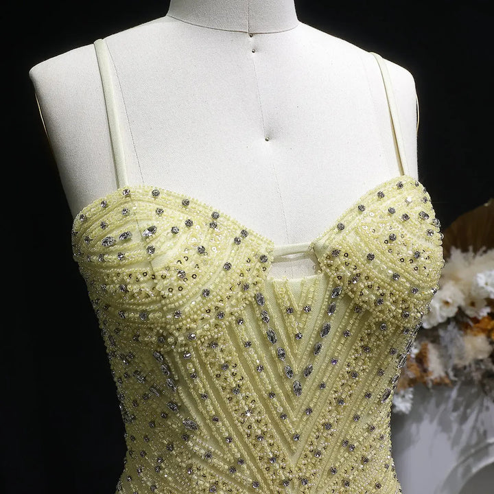 Luxury Yellow Beaded Fringe Evening Dress with Spaghetti Straps SS522