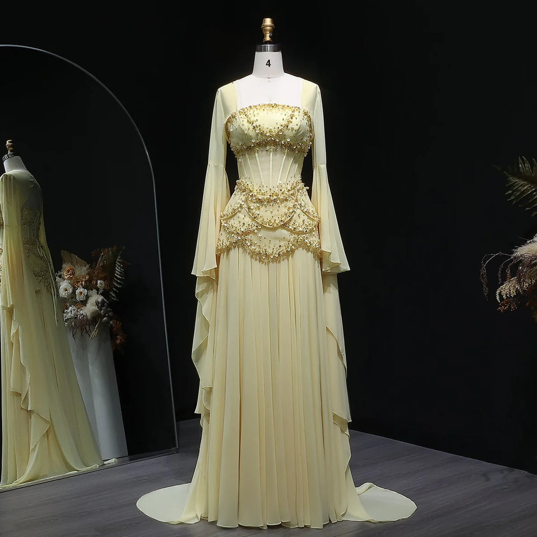 Luxury Pearls Tassel Blue Evening Dress with Flowing coat SS286