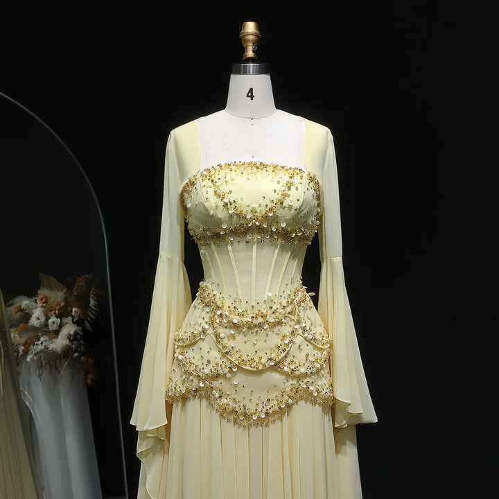 Luxury Pearls Tassel Blue Evening Dress with Flowing coat SS286