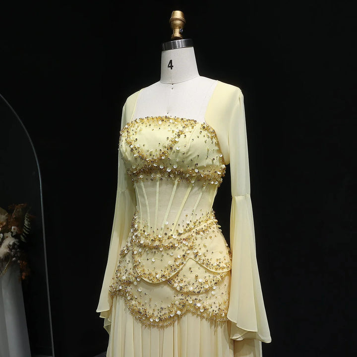 Luxury Pearls Tassel Blue Evening Dress with Flowing coat SS286