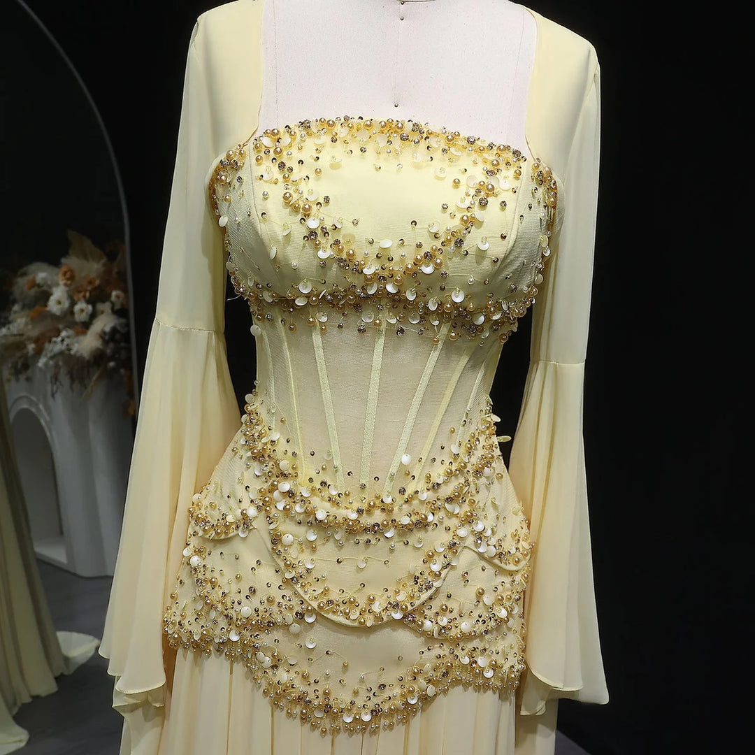 Luxury Pearls Tassel Blue Evening Dress with Flowing coat SS286