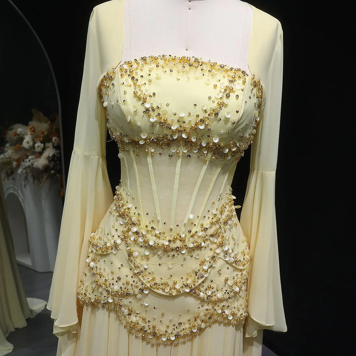 Luxury Pearls Tassel Blue Evening Dress with Flowing coat SS286