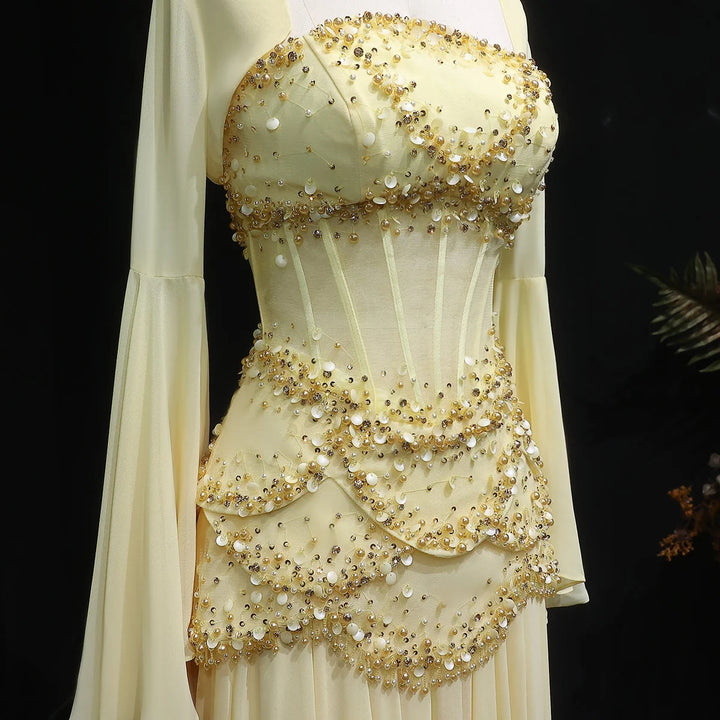 Luxury Pearls Tassel Blue Evening Dress with Flowing coat SS286