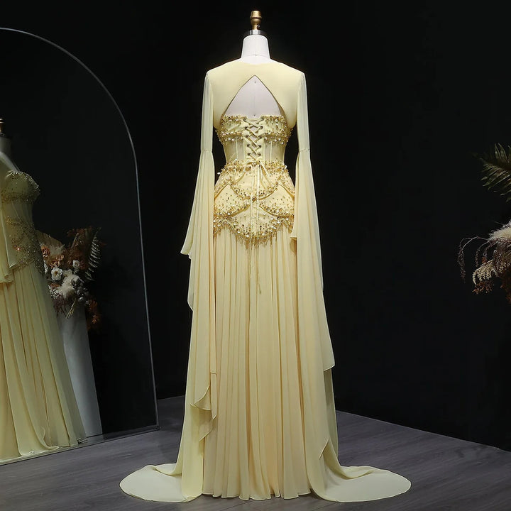 Luxury Pearls Tassel Blue Evening Dress with Flowing coat SS286