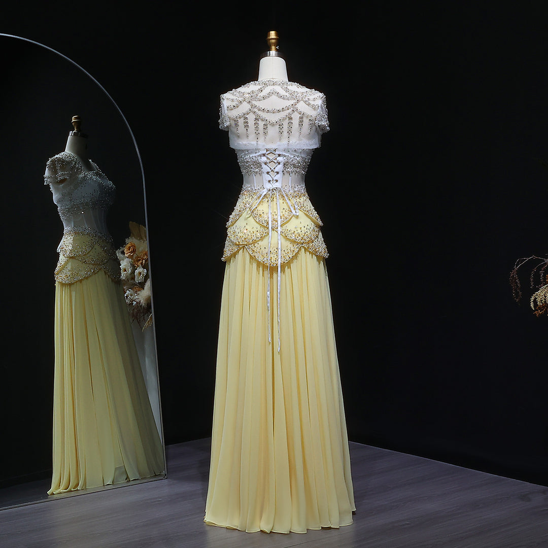 Luxury Pearls Tassel Blue Evening Dress with Flowing coat SS286