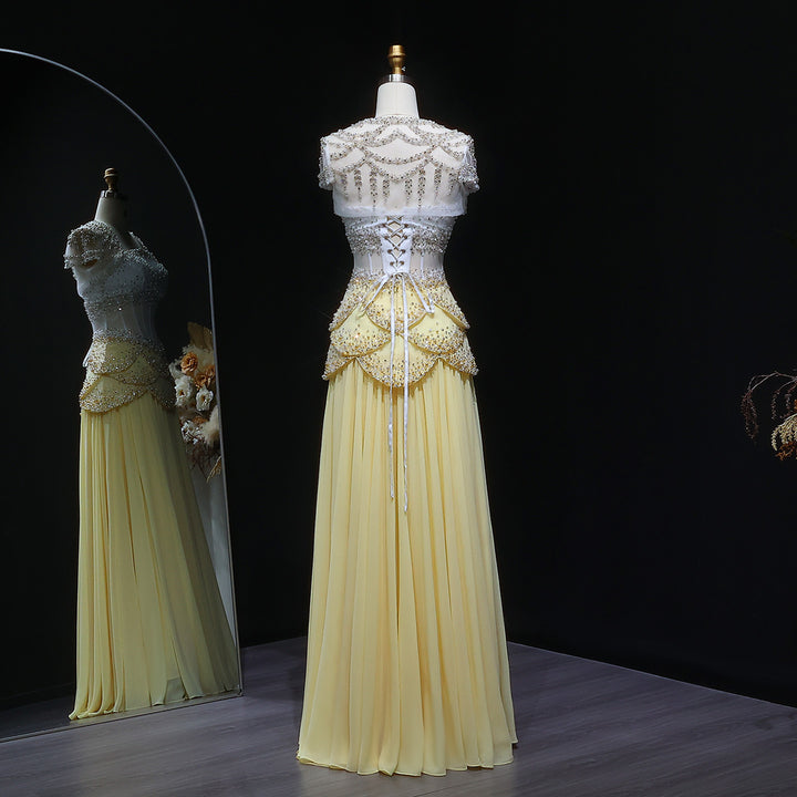 Luxury Pearls Tassel Blue Evening Dress with Flowing coat SS286