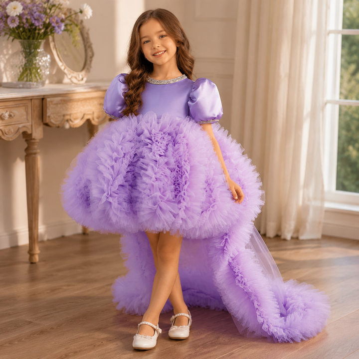 Lavender Puff Sleeve Ruffled Tulle Flower Girl Dress with Detachable Train J915