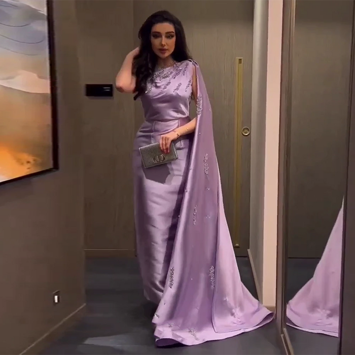 Arabic One Shoulder Lilac Dubai Evening Dresses with Cape Elegant SF545