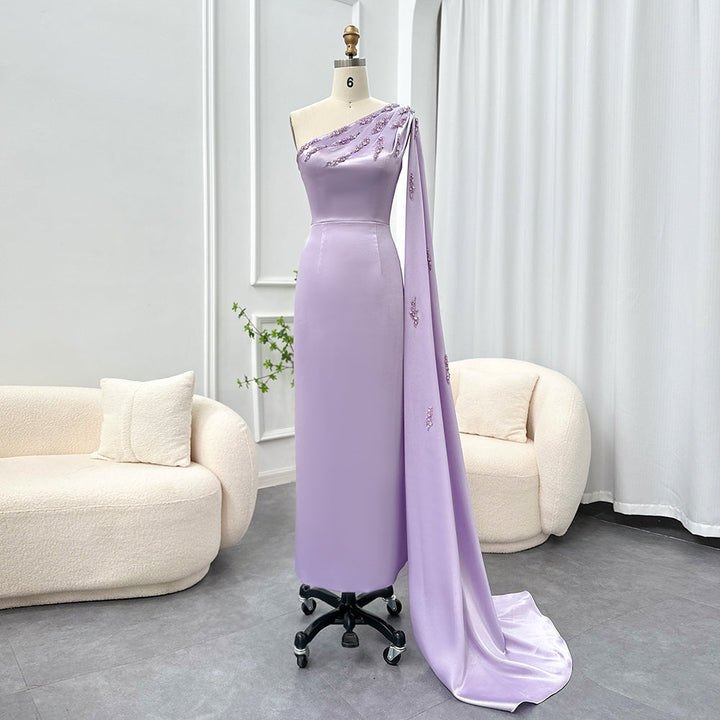 Arabic One Shoulder Lilac Dubai Evening Dresses with Cape Elegant SF545